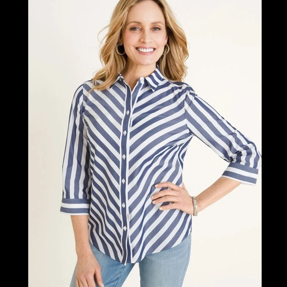 Chico’s  No-Iron Cotton Striped Stain Shield Shirt - Picture 1 of 16